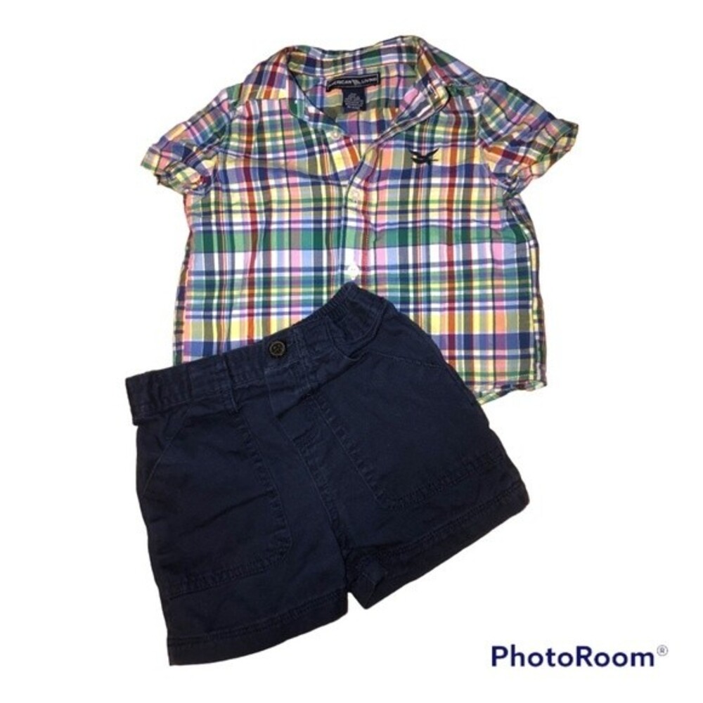 American Living Logo Button Up Shirt & Short Size 9M 2pc Set Outfit